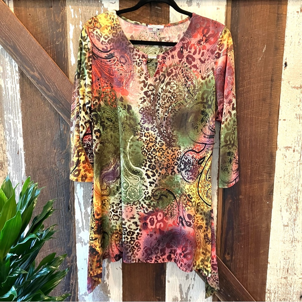 Womens Linea Domani Key-Hole Animal Print Tunic Top with Hankerchief Hem XL